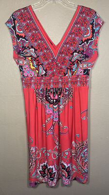 Kiara Sz M  Kaftan Short Knit Dress Shirred Waist Red Paisley Cap Sleeve C1