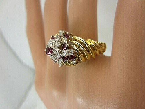 18k Yellow Gold Ruby and Diamond Twist Cluster Ring 2.00 ct TW - Picture 3 of 12