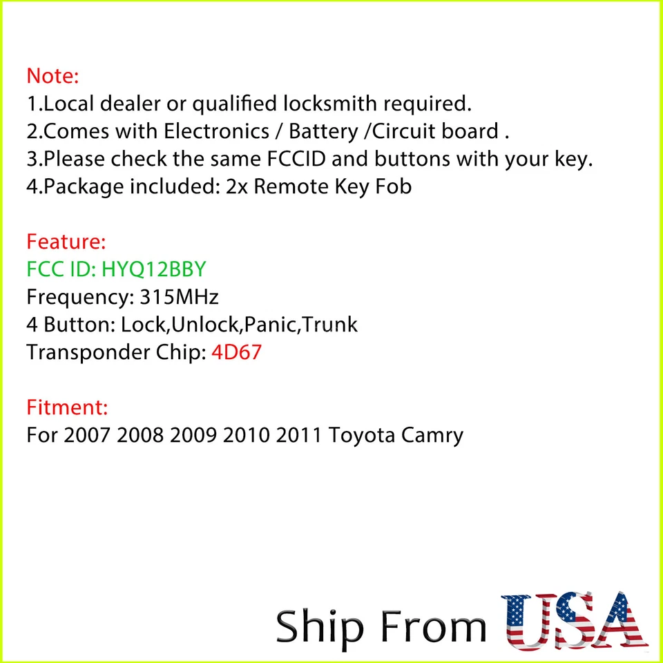 2 para 2007 2008 2009 2010 2011 Toyota Camry controle remoto chaveiro de entrada sem chave 4D67 - Imagem 2 de 4