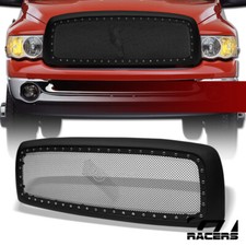 For 2002-2005 Dodge Ram Matte Blk Rivet Bolt Steel Mesh Front Hood Bumper Grille