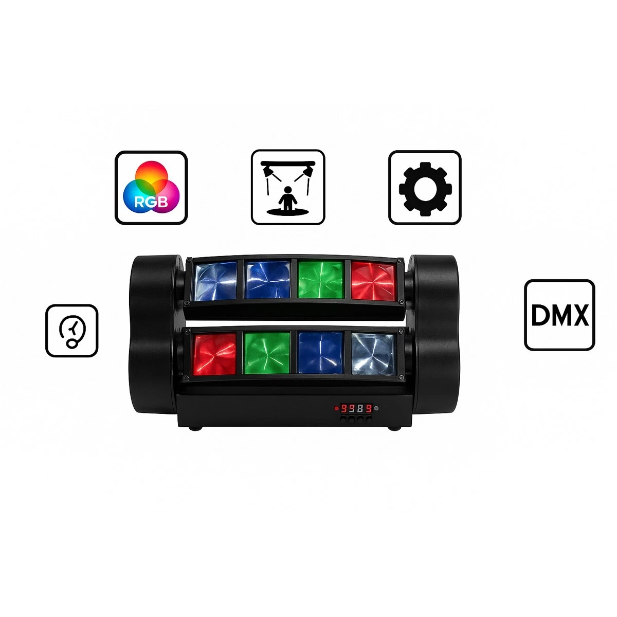 LUZ LED MINI ARAÑA RGB DMX512 EFECTO DISCOTECA FIESTA DJ ESCENARIO 8 LENTES 06713