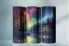 20oz Stainless Steel Skinny Tumbler Northern Lights Cabin Lake with Straw Lid
