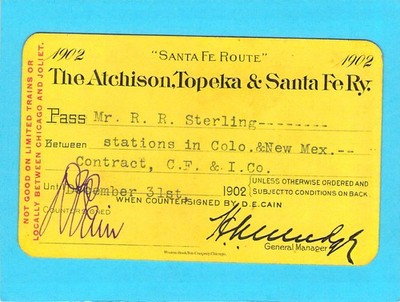 COLORADO FUEL & IRON & NEW MEXICO SANTA FE  RAILWAY RR RY RAILROAD PASS 1902