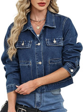 Ladyful Cropped Denim Jacket Blue Button Front Lightweight Jean Coat Large NWT