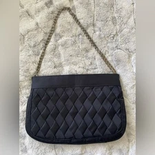 Vintage Walborg black satin quilted evening bag with double chain strap