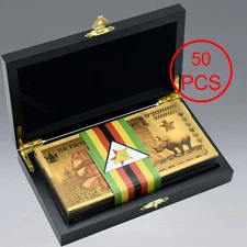 50PCS Zimbabwe One Zettallion Dollar Gold Foil Banknoteswith Wooden Box Souvenir