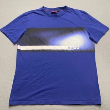 HUGO Shirt Mens Large Blue Graphic Stripe Logo Crewneck Short Sleeve Tee