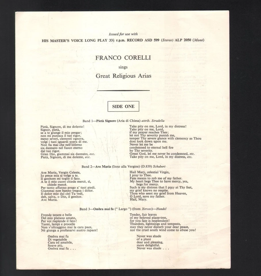 ASD599 Franco Corelli Franco Corelli Sings Great Religious Arias LP vinyl UK His - Image 3 of 4
