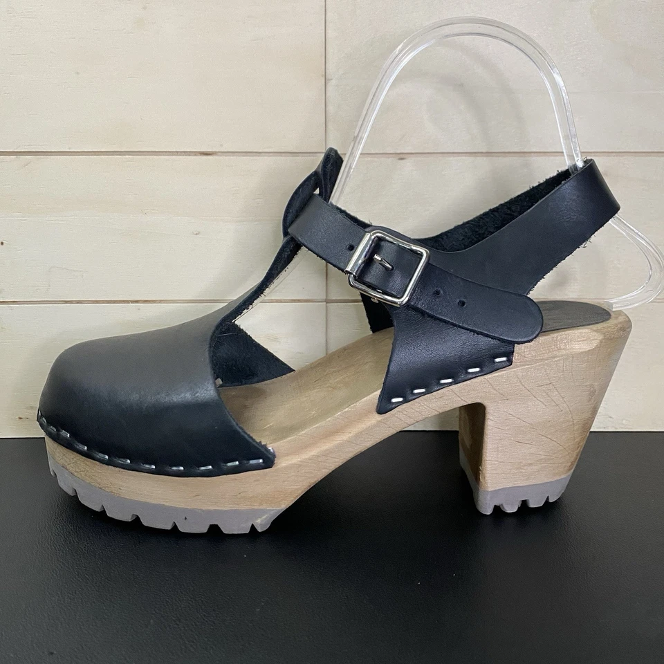 Zuecos suecos Mia Madeline para mujer talla 7,5 zapatos EU38 cuero negro madera Foto 4 de 4