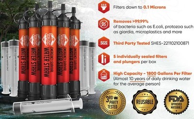 5 Emergency Water Filter Straws 1800-Gal Survival Camping Hiking BPA Free 5-Pack
