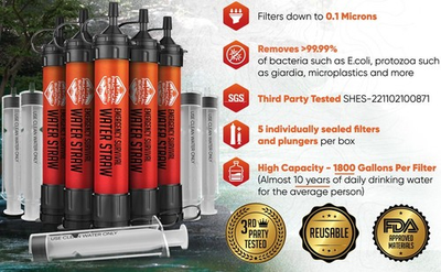 #ad 5 Emergency Water Filter Straws 1800 Gal Survival Camping Hiking BPA Free 5 Pack $79.98