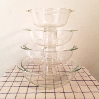 Vintage 4pc PYREX 022- 026 Clr Glass Nesting Casserole Bowls 1qt, 1.5qt, 2qt,3qt