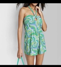 Wild Fable Women Towel Terry Halter Romper Blue Swirl Size MEDIUM NEW