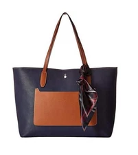 London Fog Mercer Tote Plaid Scarf Navy Purse w/ Tan Trim Leather Handbag NEW