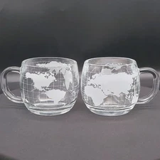 Vintage Nestle World Globe Mugs Glasses Cups Nescafe Frosted Set of 2 READ (D)