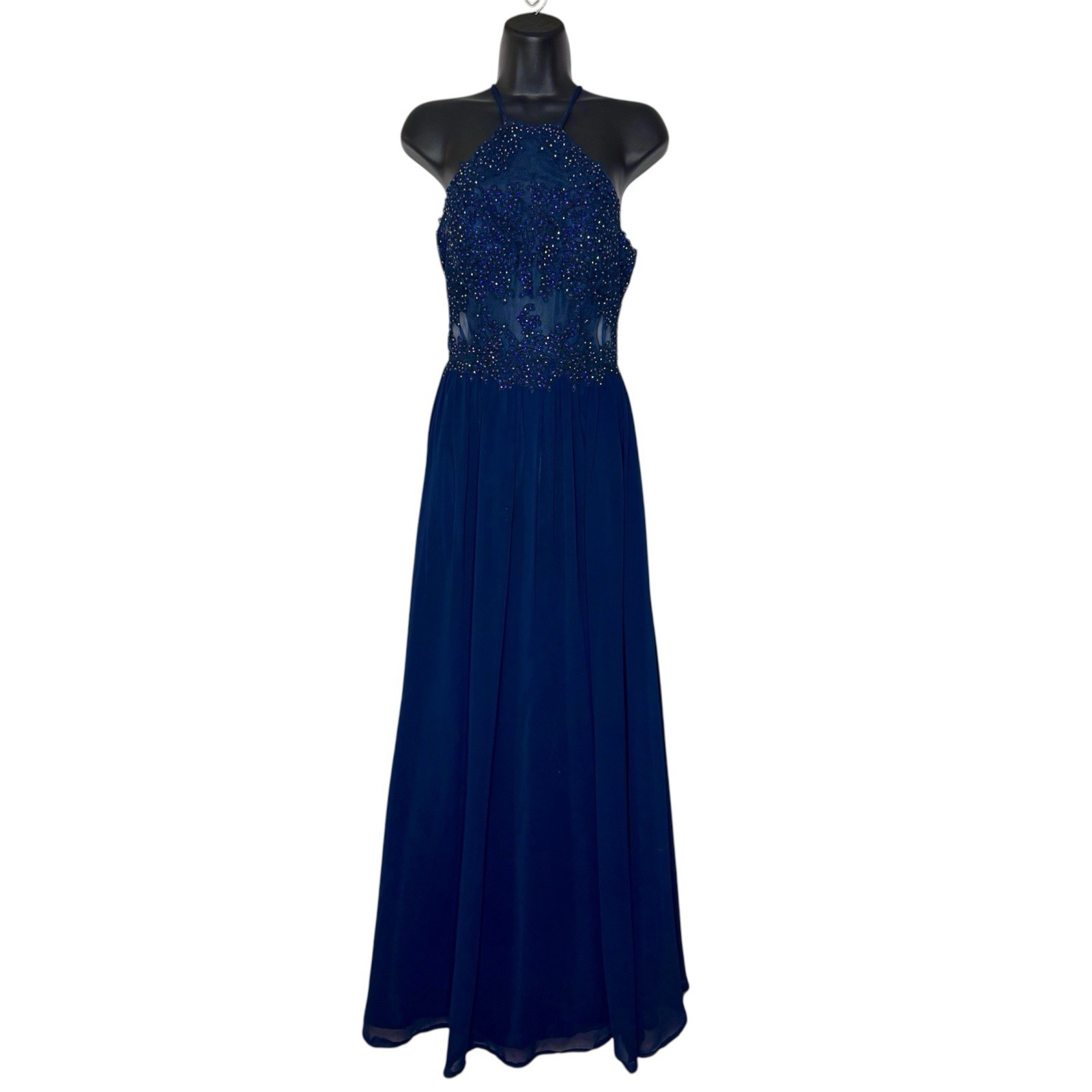 Blondie Nites Dark Blue Beaded Formal Dress Floor Length