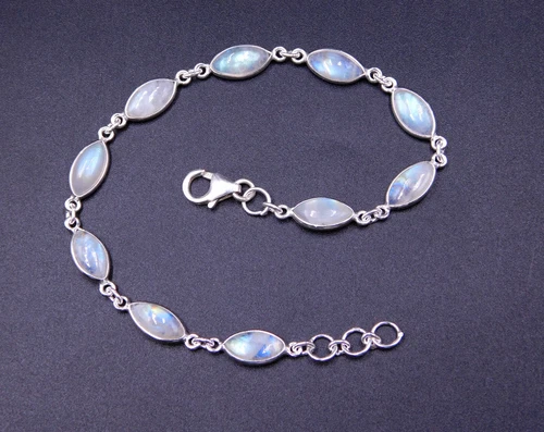 5.8 Gm 925 Sterling Silver Natural Rainbow Moonstone Gemstone Bracelet Size 8"