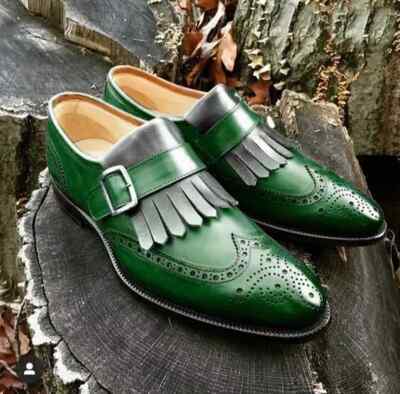 Handmade Leather Green Wingtip Brogue Fringes Monk Strap Dress Shoes For Men