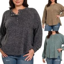ZENANA 2321 PLUS  Melange Hacci Oversized 7-button Henley Knit Top Split Hem