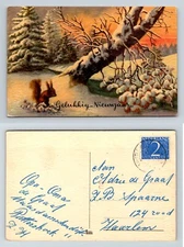 Gelukkig Nieuwjaar Postcard Van Leer Dutch New Year Squirrel Snow Woods Chrome