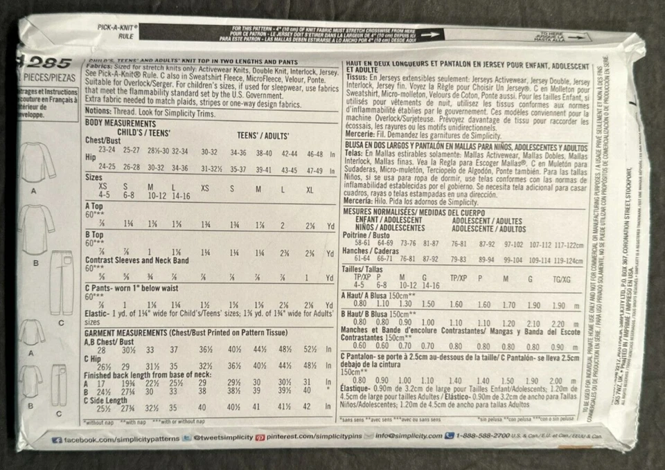 Simplicity Kids & Adult Knit Nightwear Top & Pants  Pattern 1285 Unisex SZ XS-XL - Image 2 of 2