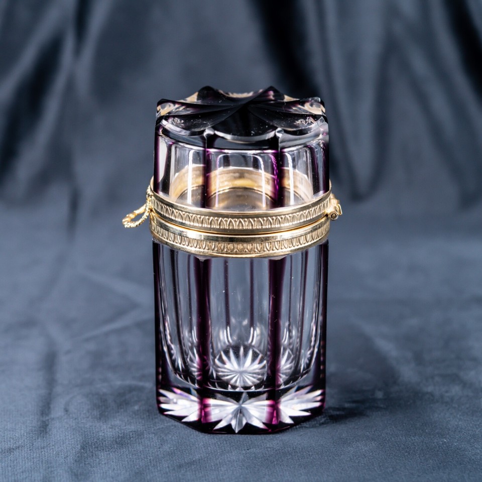 Vintage French Crystal Box Cut Glass Cylinder Shape Ormolu Bronze and