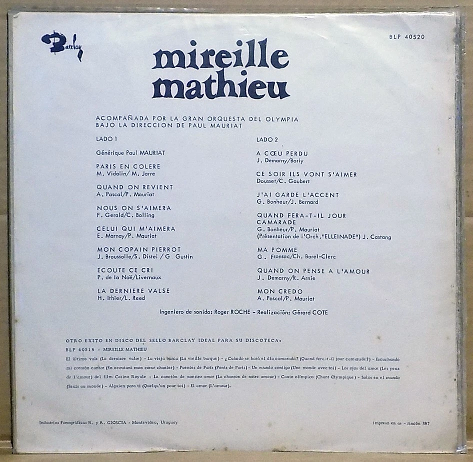 MIREILLE MATHIEU En Direct De L'Olympia Uruguay 1968 LP Chanson PAUL MAURIAT - Image 2 of 4