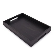 Acacia Wood Rectangle Black Serving Tray For Breakfast Dinner Drinks Kitchen Din