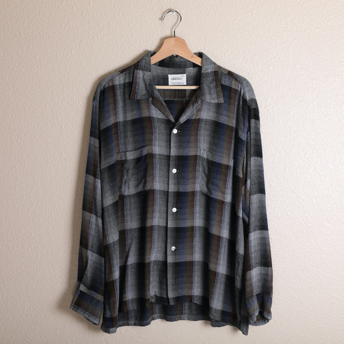 VTG 60s Towncraft Rayon Shadow Plaid Gray Black Shirt Hombre Chevella Style - XL