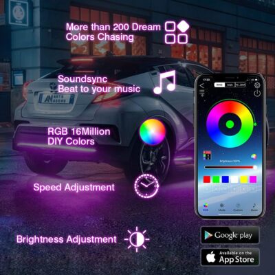 6-Piece RGB LED Underglow Kit For Cars & Trucks - Bluetooth Multi-Color Neon Strip Lights, 12V, 30,000 Hour Life