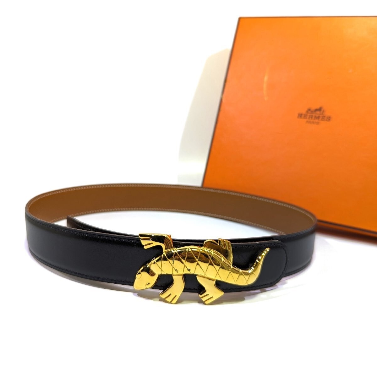 Authentic Hermes Vintage Belt Lizard Motif Black Brown