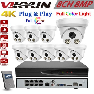 Vikylin 8CH 8PoE NVR CCTV Systems Full Color 4K 8MP POE IP Camera 24/7 Color Lot