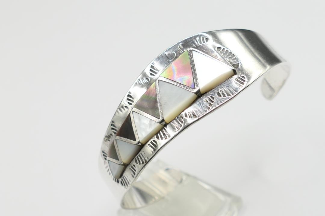 Zuni Inlay Shell Silver Bangle Bracelet Native American