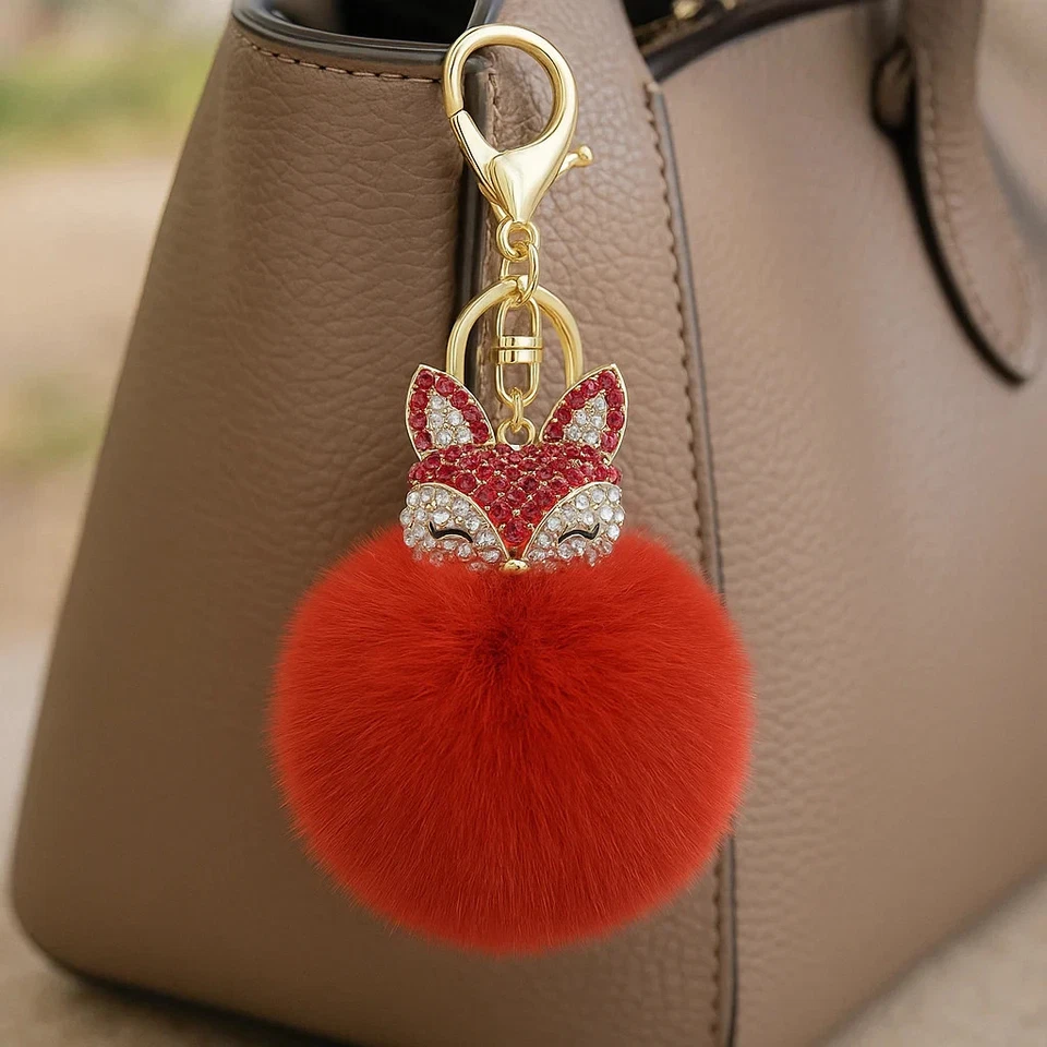 Llavero Pom Pom Cabeza de Zorro Rosa Imitación Perla Estrás Moda Lindo Animales de Dibujos Animados Foto 3 de 4