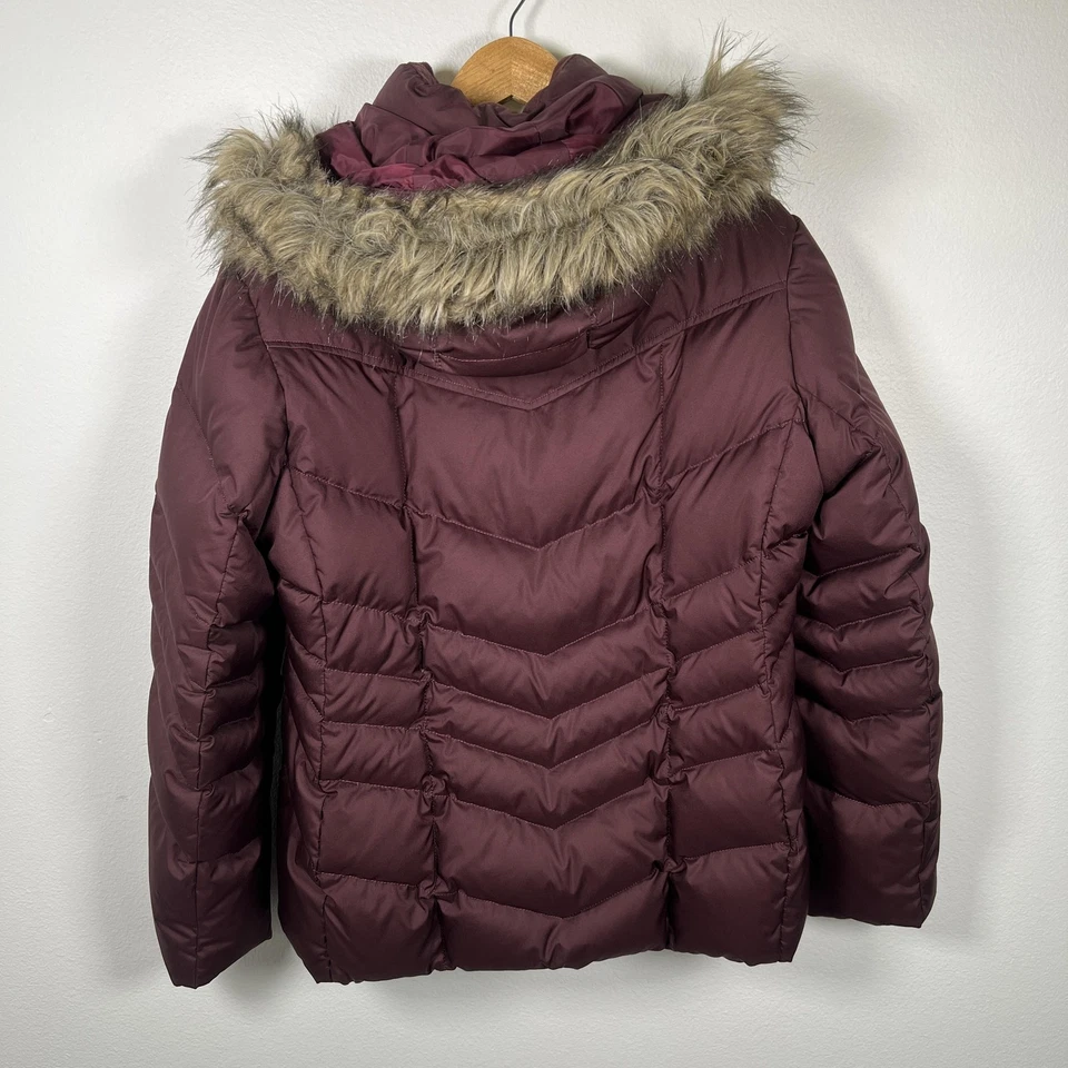 Lands End Girls Down Puffer Coat Sz L Fur Trim Removable Hood Zip Pockets - Image 2 of 4