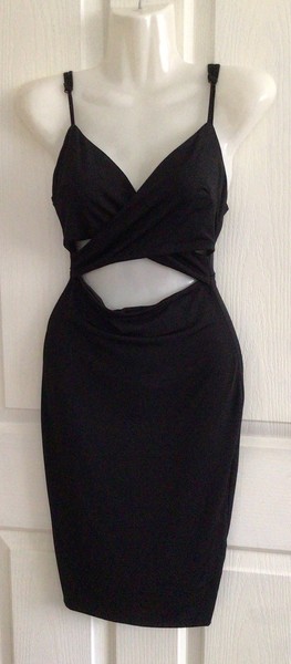Peppermayo Bodycon Pencil Dress Womens Size 8 Black Midi Cut Out  Stretch LBD