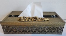 Vintage MCM Gold Tone Tissue Box Holder Ornate Hollywood Regency