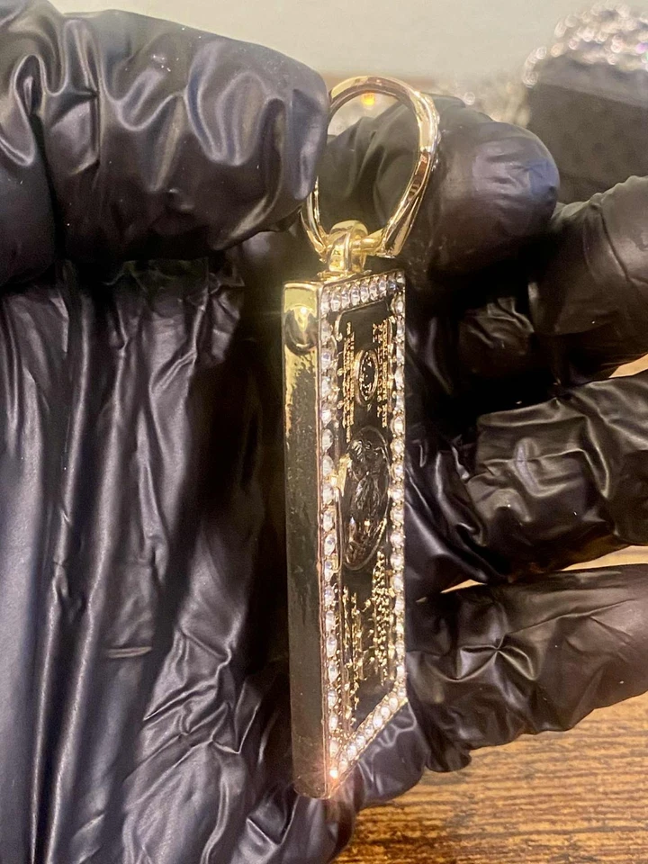 Colgante Benjamin Franklin billete de 100 dólares en efectivo circonita cúbica helada tono oro 14k de lujo Foto 3 de 4