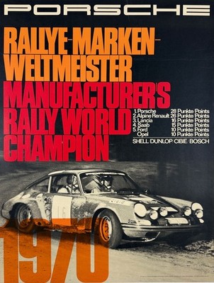 Porsche Rallye Marken Weltmeister Poster World Champ 1970 German Litho On Linen