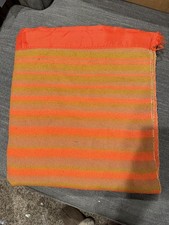 Vtg 1950s Wool Blend Lap Blanket Orange Olive Brown Stripe Satin Trim 40x36