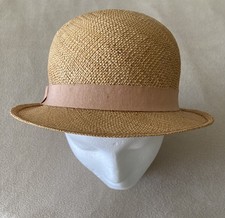 Vintage 80's Bloomingdales Straw Derby Hat With Pink Ribbon Accent sz Small