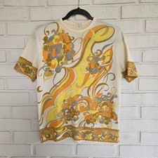 Vtg 60s Knit Blouse Paisley Groovy, White, Yellow, Zip Back, Devon, Medium