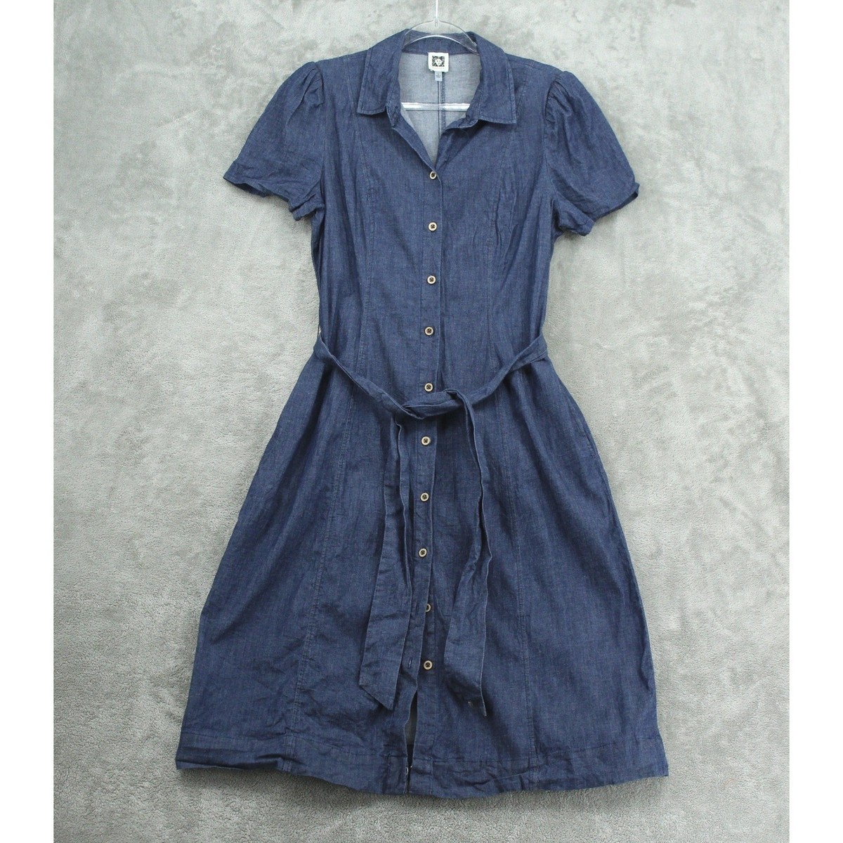 Anne Klein Dress Women 10 Button Front Belted Dark Wash Denim Pockets Midi Blue Anne Klein Dress Women 10 Button Front Belted Dark Wash Denim Pockets Midi Blue