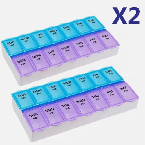 2 Pack Pill Box Daily Organiser 14 Compartment 7 Day Medicine Storage Dispenser