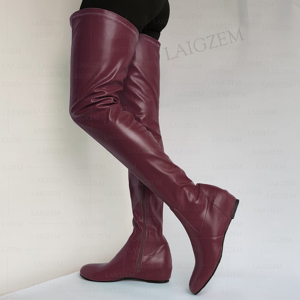 Women Thigh High Boots Faux Leather Round Toe Side Zip Mid Hidden Heels ...