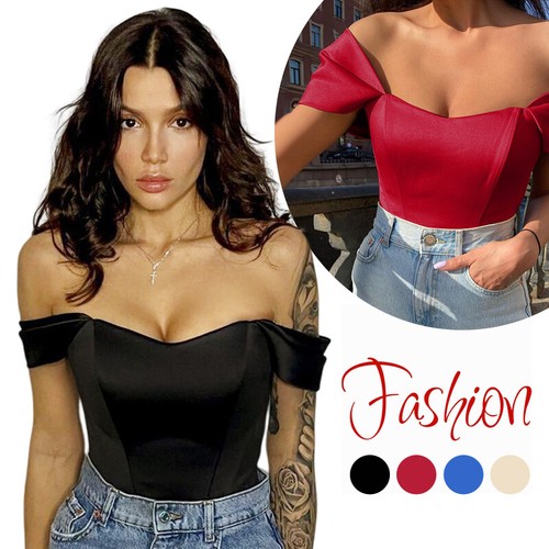 Women Sexy Satin Crop Corset Top Off Shoulder Top Bustier Ladies Tank Summer - Afbeelding 1 van 16