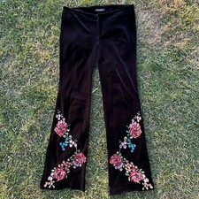 Vtg Betsey Johnson Black Label Flare Pant Womens 32Tall Black Velvet Embroidered