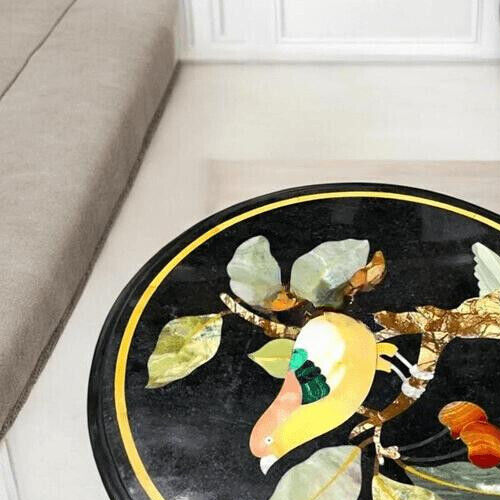 Mesa de centro de lujo de 24" con incrustaciones de mármol negro artesanal de marquetería floral Art Deco - Imagen 6 de 9
