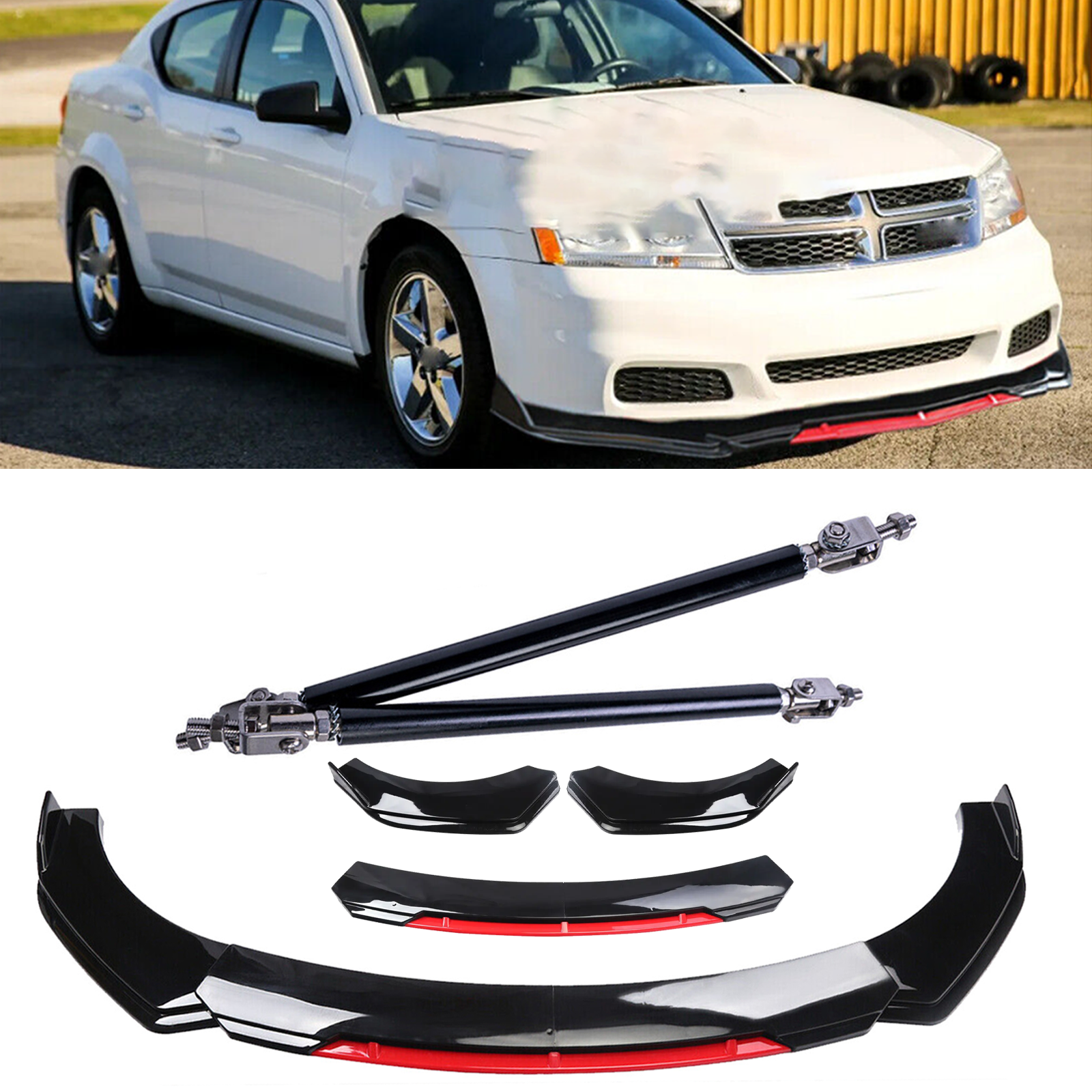 For Dodge Avenger Front Bumper Lip Chin Splitter Strut Rods Glossy Black Body