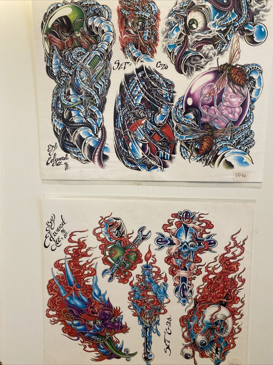2 Vintage 1996 Wall Art Tattoo Flash Sheets By Edward Skull
